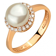 Золота каблучка з перлиною  та  фіанітом (цирконієм куб.) (01-200755403)
