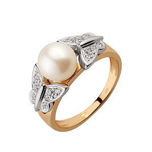 Золотое кольцо с жемчугом  и  цирконием куб. (01-18995725) фотография