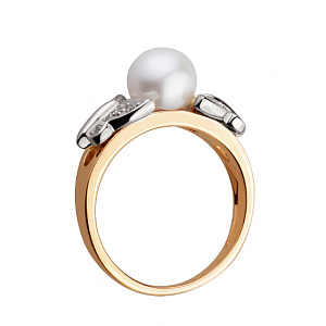 Золотое кольцо с жемчугом  и  цирконием куб. (01-18995725) фотография