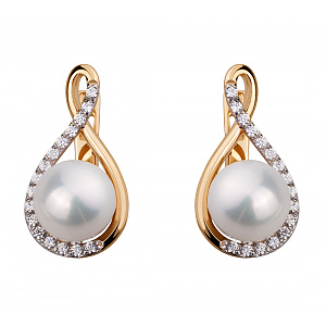 Золотые серьги с жемчугом  и  фианитами (8б_с-174) фотография