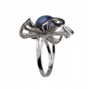 Золотое кольцо с жемчугом  и  сапфирами (11б_к-175) фотография