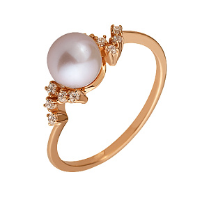 Золота каблучка з перлиною  та  фіанітами (1к-275) фотографія