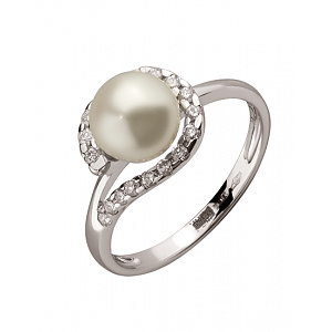 Золота каблучка з діамантами  та  перлиною (01-200512276) фотографія