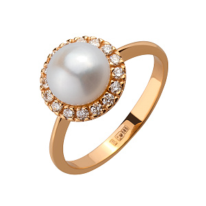 Золотое кольцо с бриллиантами  и  жемчугом (1б_к-115) фотография