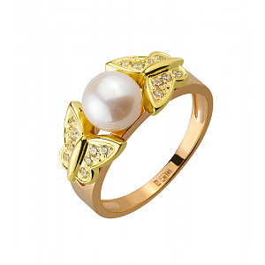 Золота каблучка з перлиною  и  фіанітами (6б_к-011) фотографія